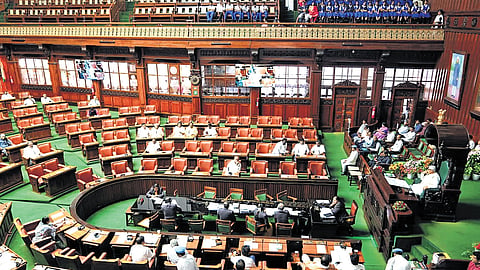 The Assembly session in progress at Vidhana Soudha in Bengaluru on Tuesday, the second day of the three-day special session convened to discuss drought and the implications of the Kasturirangan report   