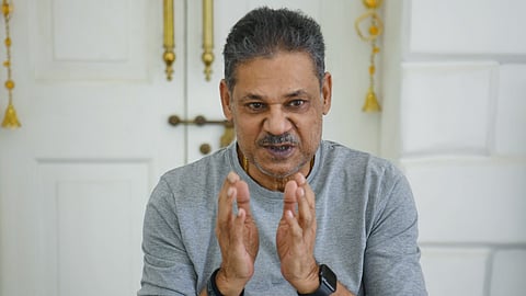 TMC MP Kirti Azad addresses a press conference at his residence in New Delhi.