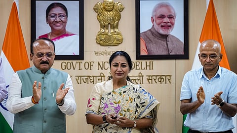 Delhi Chief Minister Rekha Gupta, Delhi Power Minister Ashish Sood, left, and others during the launch of PM Surya Ghar Registration Portal, at the Delhi Secretariat in New Delhi, Monday, Sept. 21, 2026