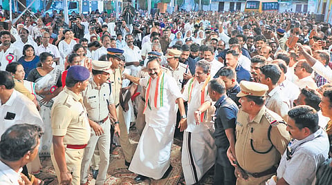 Chief Minister V D Satheesan arrives to inaugurate the work of the seawall at Pozhiyoor. Minister Mons Joseph and MLA N Shakthan are also seen 