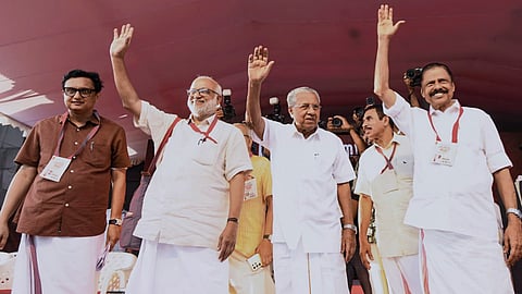Leader of Opposition in the Keralam Legislative Assembly Pinarayi Vijayan General Secretary of the Communist Party of India (Marxist) MA Baby and others during a public meeting of Communist Party of India (Marxist) CPI(M) state committee meeting, at Freedom Square, in Kozhikode, Tuesday, Sept. 15, 2026.