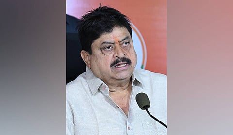 BJP state chief N Ramchander Rao speaks during a press meet at the party office in Hyderabad.