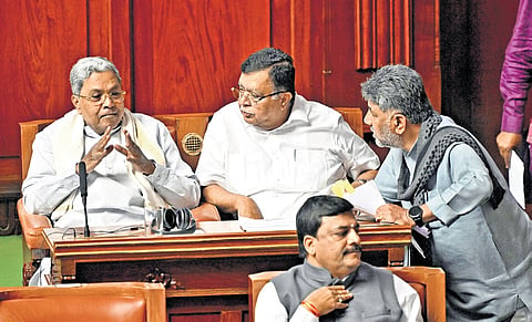 Chief Minister DK Shivakumar in conversation with his predecessor Siddaramaiah and former minister KN Rajanna in Vidhana Soudha on Tuesday  