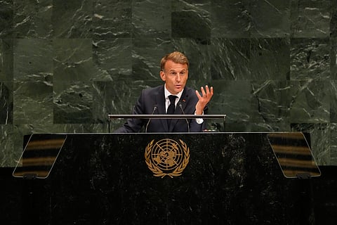 France's President Emmanuel Macron speaks during the 81st session of the United Nations General Assembly at United Nations headquarters, Tuesday, Sept. 22, 2026
