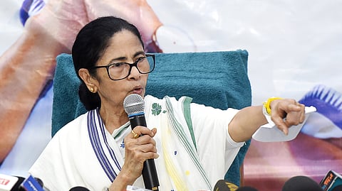 In this photo from Sept. 18, 2026, TMC supremo and former West Bengal Chief Minister Mamata Banerjee addresses a press conference at Kalighat in Kolkata.