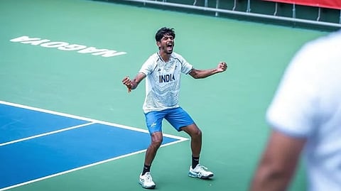 Jay Meena celebrates after defeating Philippines’ Sherwin Nuguit 4-3 in a thrilling quarter-final to book his place in the last four.