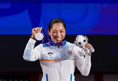 Mirabai Chanu rejoices after winning the silver medal