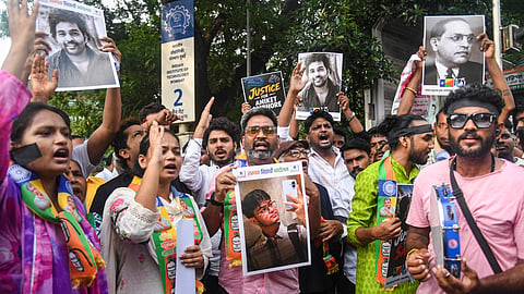 Vanchit Bahujan Aghadi (VBA) activists protest to demand a quick and fair investigation into the suicide case of IIT-Bombay student Sahil Wakode, outside the IIT-B Powai campus, in Mumbai, Maharashtra, Wednesday, Sept. 23, 2026.