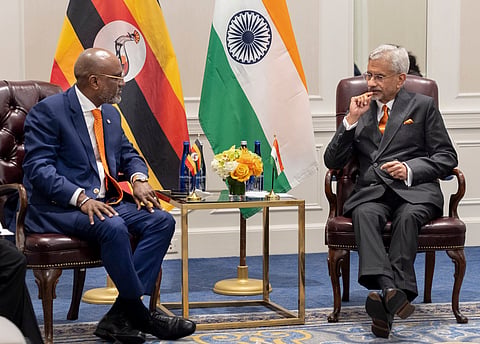 EAM S Jaishankar during a meeting with Ugandas Minister of Foreign Affairs Adonia Ayebare, in New York.