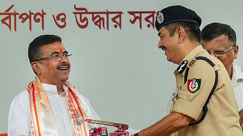 West Bengal Chief Minister Suvendu Adhikari with DG & IGP, Fire & Emergency Services, Ranveer Kumar during the inauguration of 226 new modern fire tenders and emergency vehicles at Red Road, in Kolkata, West Bengal, Wednesday, Sept. 23, 2026. 
