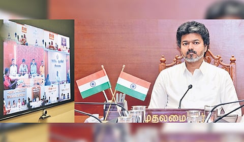 Chief Minister C Joseph Vijay chairing a review meeting on monsoon preparedness with district collectors on Tuesday.