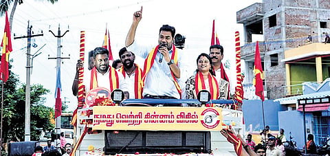 Minister Aadhav Arjuna is campaigning for the TVK candidate in Madurantakam on Wednesday. 