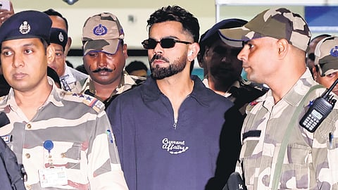 Cricketer Virat Kohli arrives at Thiruvananthapuram airport on Wednesday ahead of India’s first ODI against the West Indies, scheduled to be played at the Greenfield International Stadium at Karyavattom on Sunday.