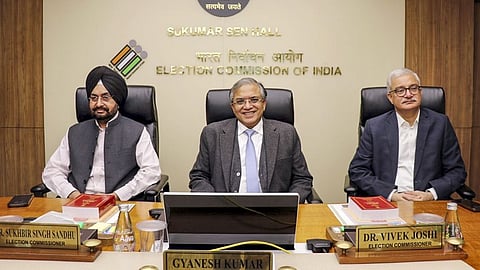 Chief Election Commissioner (CEC) Gyanesh Kumar (middle and Election Commissioners Sukhbir Singh Sandhu (left) and Vivek Joshi (right).