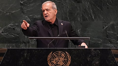 Iran's President Masoud Pezeshkian speaks during the 81st session of the United Nations General Assembly at United Nations headquarters, Wednesday, Sept. 23, 2026. 