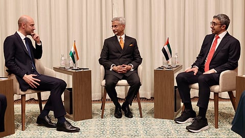 (L to R) French Foreign Minister Jean-Noel Barrot, India's External Affairs Minister S Jaishankar, and UAE Foreign Minister and Deputy Prime Minister Sheikh Abdullah bin Zayed Al Nahyan during the India-France-UAE Trilateral Ministerial Meeting in New York.