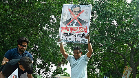 In this photo from Sept. 23, 2026, Indian Youth Congress (IYC) workers stage a protest against Chief Election Commissioner (CEC) Gyanesh Kumar outside the Youth Congress office in New Delhi on Wednesday.