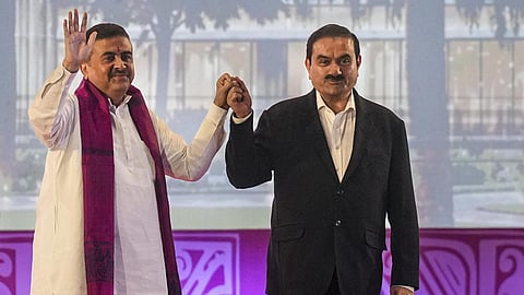 West Bengal Chief Minister Suvendu Adhikari and Adani Group Chairman Gautam Adani during the foundation stone-laying ceremony of Adani Arogya Mandir, in Kolkata 