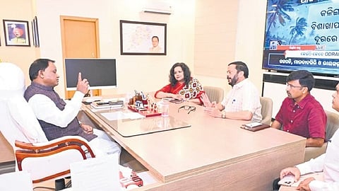 Chief Minister Mohan Charan Majhi taking stock of the preparedness at a meeting in Lok Seva Bhawan, in Bhubaneswar on Wednesday.