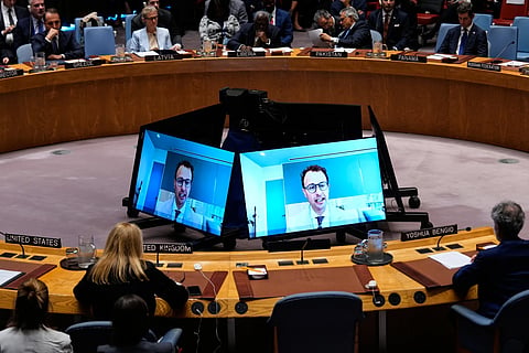 Dario Amodei, CEO of Anthropic, speaks remotely during a Security Council meeting on artificial intelligence at the 81st session of the United Nations General Assembly at United Nations headquarters, Wednesday, Sept. 23, 2026.