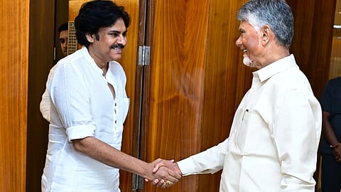 CM Nara Chandrababu Naidu and deputy CM Pawan Kalyan during the cabinet meeting on Wednesday.
