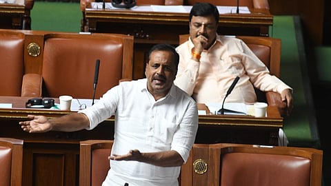 Minister UT Khader speaks in the Assembly on Wednesday.