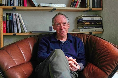 Ian McEwan, British novelist and screenwriter, gestures as he speaks to press during an interview in London, Friday, Sept. 12, 2025.