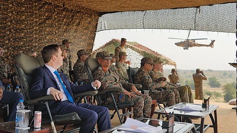 US Ambassador to India Sergio Gor reviews the ongoing Indo-US bilateral military exercise Yudh Abhyas 2026 at the Mahajan Field Firing Range in Rajasthan on Thursday, Sept. 24, 2026.