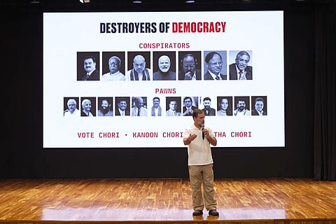 During the press conference, Gandhi displayed photographs of industrialist Gautam Adani, RSS chief Mohan Bhagwat, Amit Shah, Prime Minister Narendra Modi, National Security Adviser Ajit Doval and Gyanesh Kumar, describing them as “conspirators”.