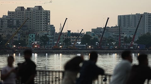 Giant cranes set up at People's Plaza ahead for Ganesh Visarjan in Hyderabad.