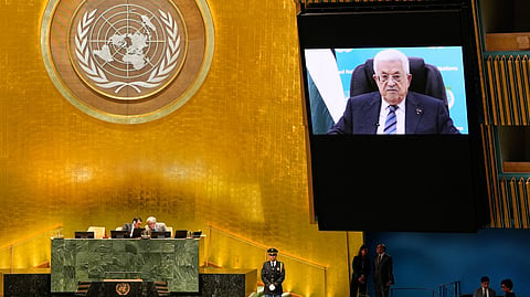 Palestinian President Mahmoud Abbas speaks via pre-recorded video after being denied a visa to attend in person during the 81st session of the United Nations General Assembly at United Nations headquarters, Thursday, Sept. 24, 2026.