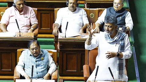 Chief Minister DK Shivakumar makes a point in the Assembly on Wednesday.
