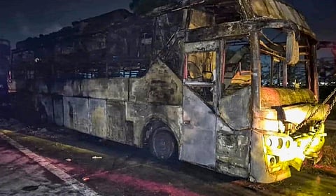 Firefighters at the site after a sleeper bus caught fire on the Yamuna Expressway in the Greater Noida area, killing nine passengers, in Noida, early Thursday, Sept. 24, 2026. 
