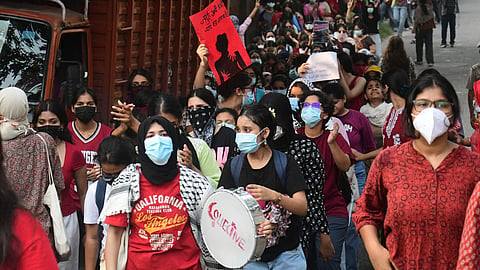 Students hold a march for safety near LSR gate on Wednesday. 