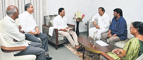 A CPI delegation, led by national EC member K Ramakrishna and AP secretary of the party G Eswaraiah, at a meeting with YSRCP chief YS Jagan Mohan Reddy