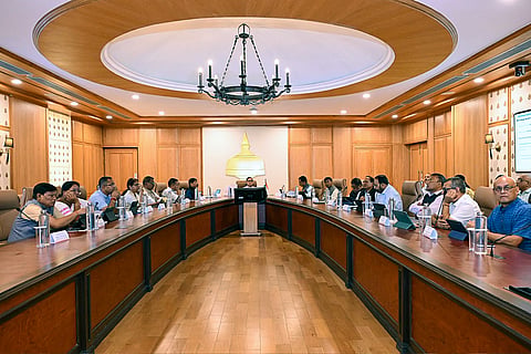 Assam Chief Minister Himanta Biswa Sarma chairs the Assam Cabinet Meeting at Lok Sewa Bhawan, in Guwahati on Thursday. 
