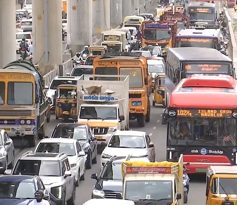 Tailback of vehicles on Rajiv Gandhi Salai on Wednesday  