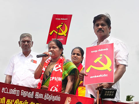 CPM candidate P Suganthi speaking to voters in Madurantakam 