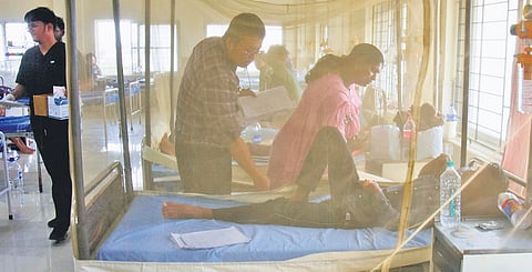 A doctor treating a patient at the fever ward of Kilpauk hospital