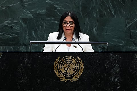 Delcy Rodríguez, acting president of Venezuela, addresses the 81st session of the United Nations General Assembly at U.N. headquarters Wednesday, Sept. 23, 2026.