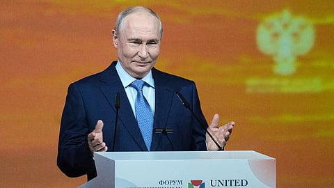 Russian President Vladimir Putin gestures as he speaks at an international culture forum in St. Petersburg, Russia, Friday, Sept. 25, 2026. 