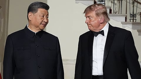 President Donald Trump and China's President Xi Jinping walk in the Grand Foyer of the White House during a State Dinner, Thursday, Sept. 24, 2026, in Washington