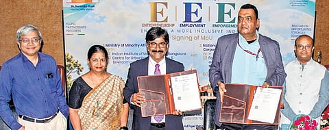 The Ministry of Minority Affairs and the National Minorities Development & Finance Corporation signs MoUs with various academic and innovation institutions, at IISc in Bengaluru on Friday  