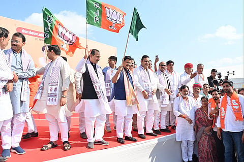 Bharatiya Janata Party National President Nitin Nabin attend the 'Seva Sankalp Sabha' organized on the birth anniversary of Pandit Deendayal Upadhyaya Ji, at Dadia, in Jaipur on Friday. 