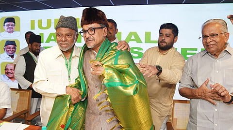 IUML national president Prof K M Kader Mohideen and national political affairs committee chairman Panakkad Sayyid Sadiqali Shihab Thangal at the meeting.