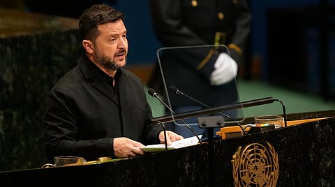 Ukraine's President Volodymyr Zelenskyy speaks during the 81st session of the United Nations General Assembly at United Nations headquarters, Wednesday, Sept. 23, 2026.
