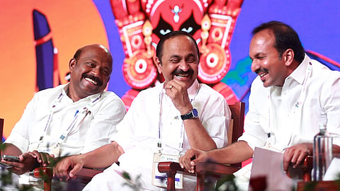 Chief Minister V D Satheesan, Tourism Minister P C Vishnunadh (right) and Cooperation Minister M Liju (left) at the inauguration of Kerala Travel Mart 2026 
at Grand Hyatt in Kochi on Thursday.