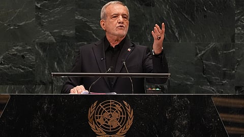 Iran's President Masoud Pezeshkian speaks during the 81st session of the United Nations General Assembly at United Nations headquarters, Wednesday, Sept. 23, 2026.