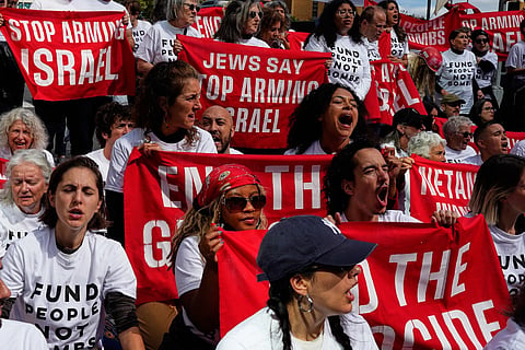 Demonstrators gather to protest ahead of Israeli Prime Minister Benjamin Netanyahu's address during the 81st session of the United Nations General Assembly, Thursday, Sept. 24, 2026, in New York. 