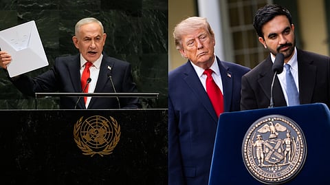 Israeli Prime Minister Benjamin Netanyahu speaks during the 81st session of the United Nations General Assembly (L), President Donald Trump watches as New York City Mayor Zohran Mamdani speaks during a joint news conference at Gracie Mansion (R).